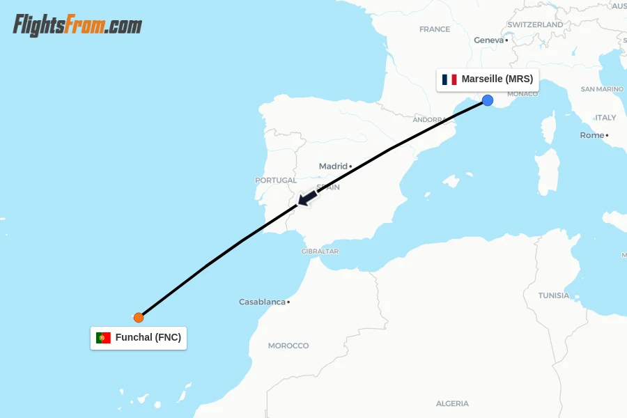 Flights from Marseille to Funchal route map