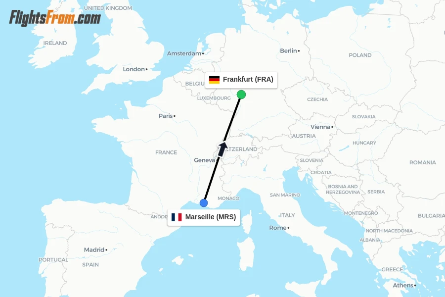 Flights from Marseille to Frankfurt route map