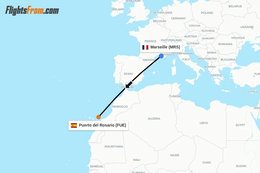 Flights from Marseille to Puerto del Rosario route map