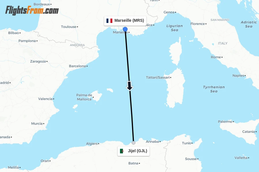 Flights from Marseille to Jijel route map