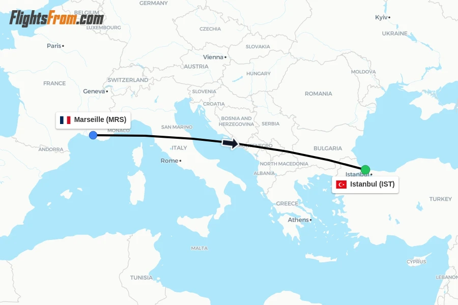Flights from Marseille to Istanbul route map