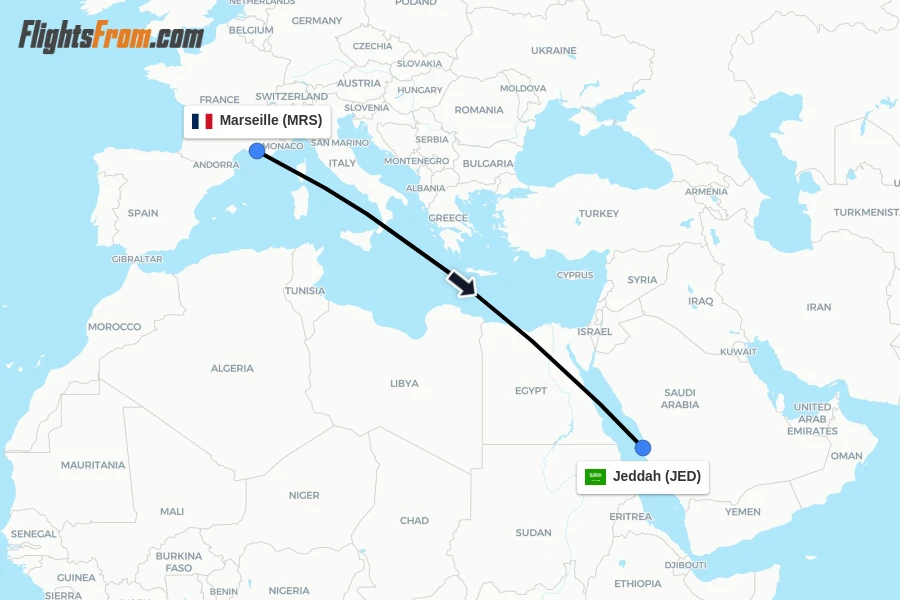 Flights from Marseille to Jeddah route map