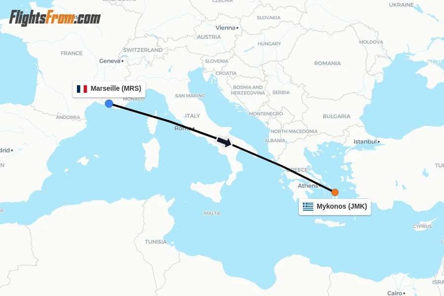 Flights from Marseille to Mykonos route map