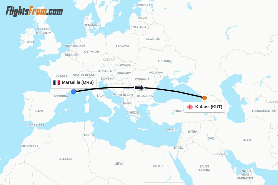 Flights from Marseille to Kutaisi route map