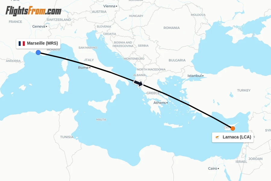 Flights from Marseille to Larnaca route map