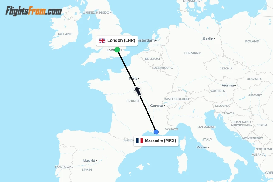 Flights from Marseille to London route map