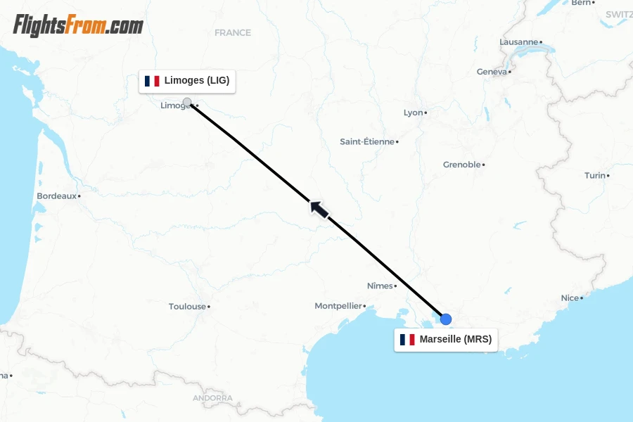 Flights from Marseille to Limoges route map
