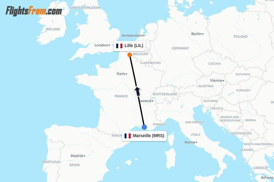 Flights from Marseille to Lille route map