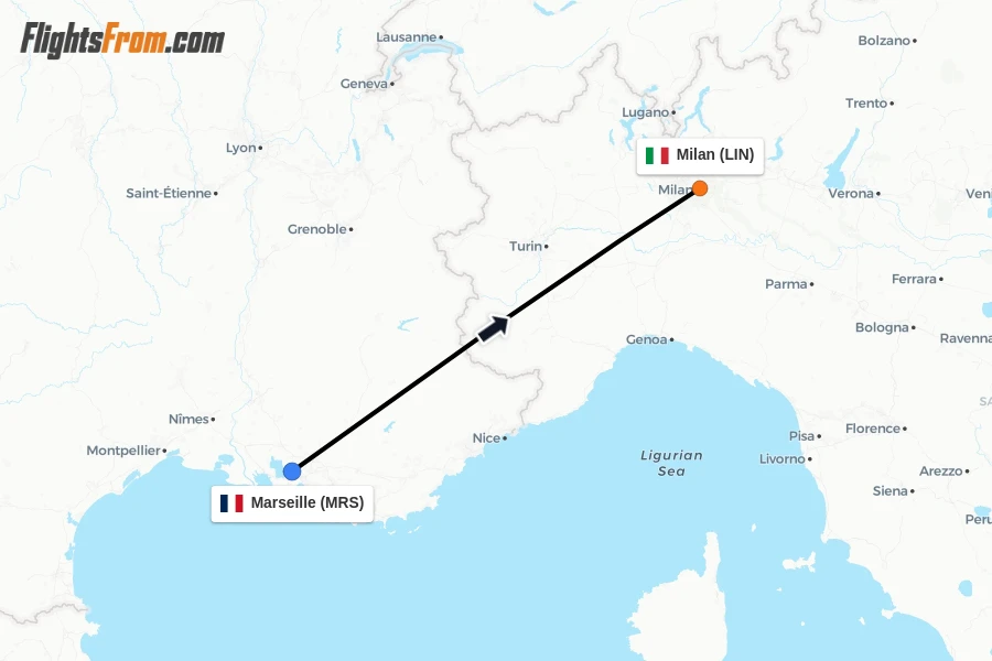 Flights from Marseille to Milan route map