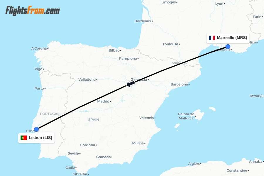 Flights from Marseille to Lisbon route map