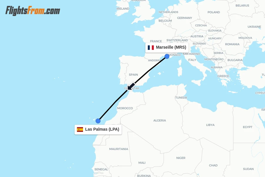 Flights from Marseille to Las Palmas route map