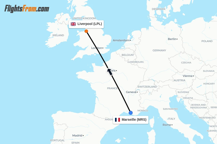 Flights from Marseille to Liverpool route map
