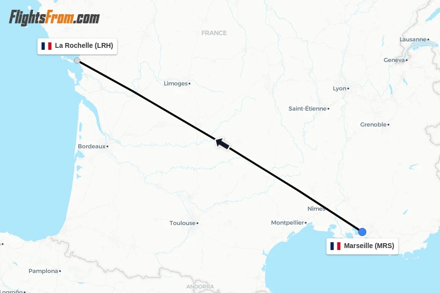 Flights from Marseille to La Rochelle route map