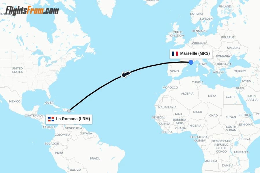 Flights from Marseille to La Romana route map