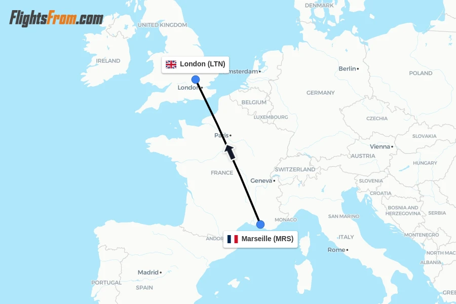 Flights from Marseille to London route map
