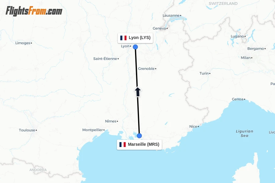 Flights from Marseille to Lyon route map