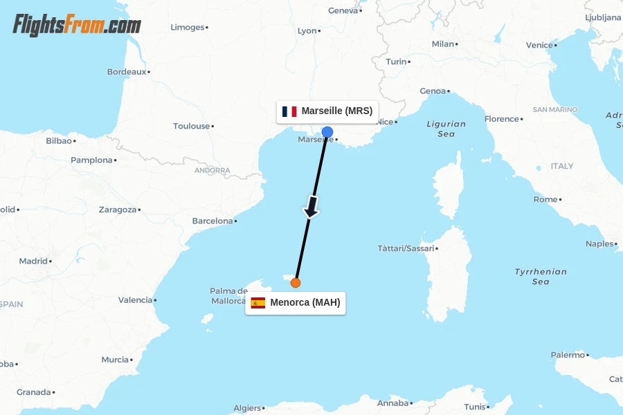 Flights from Marseille to Menorca route map