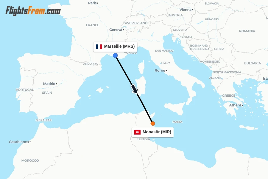 Flights from Marseille to Monastir route map