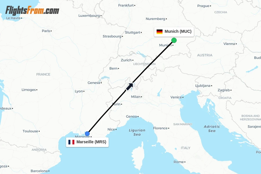 Flights from Marseille to Munich route map