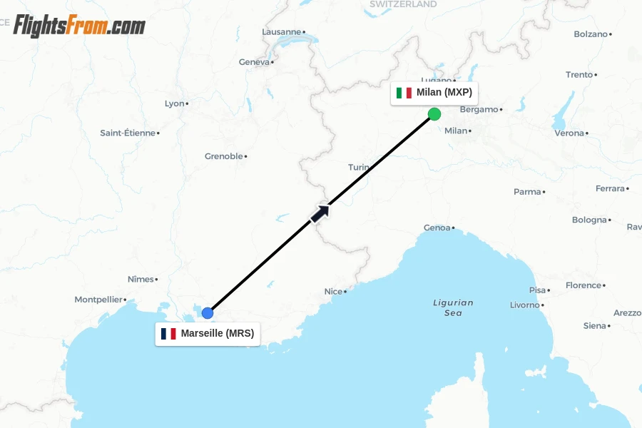 Flights from Marseille to Milan route map
