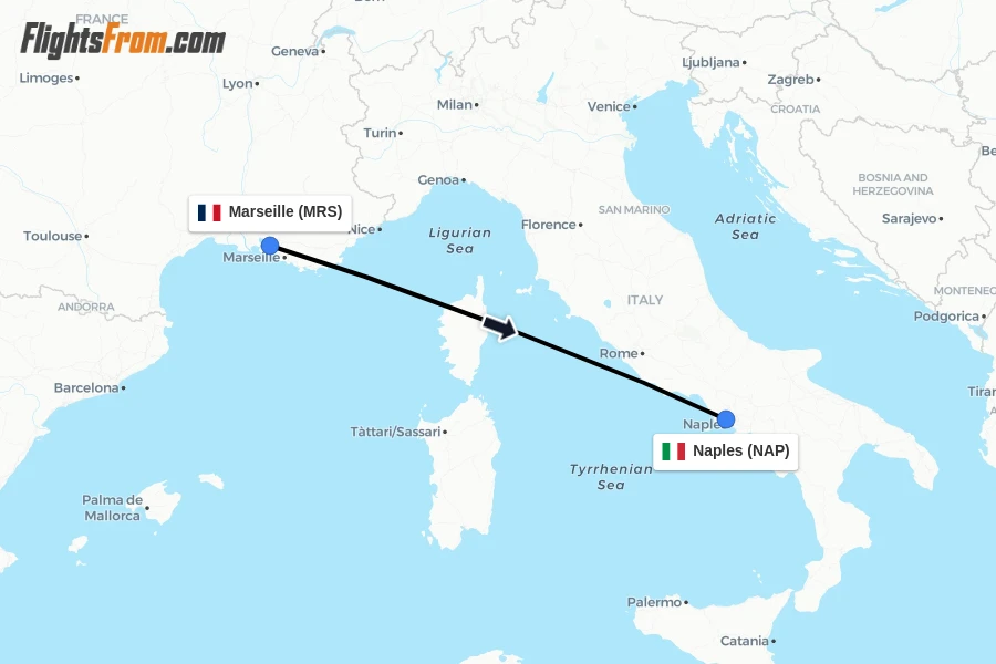Flights from Marseille to Naples route map