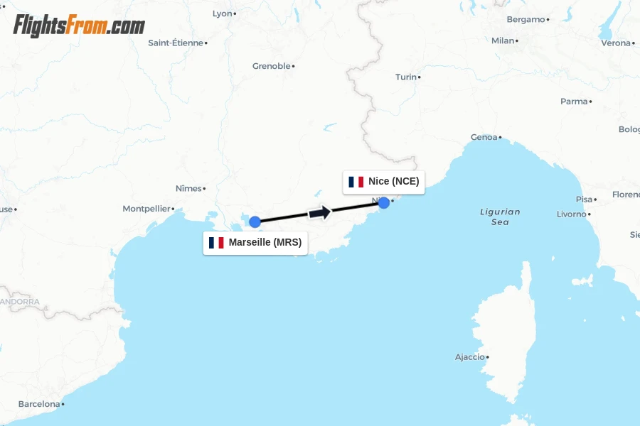 Flights from Marseille to Nice route map