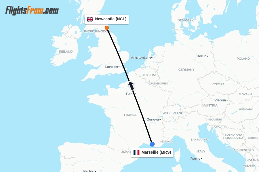Flights from Marseille to Newcastle route map