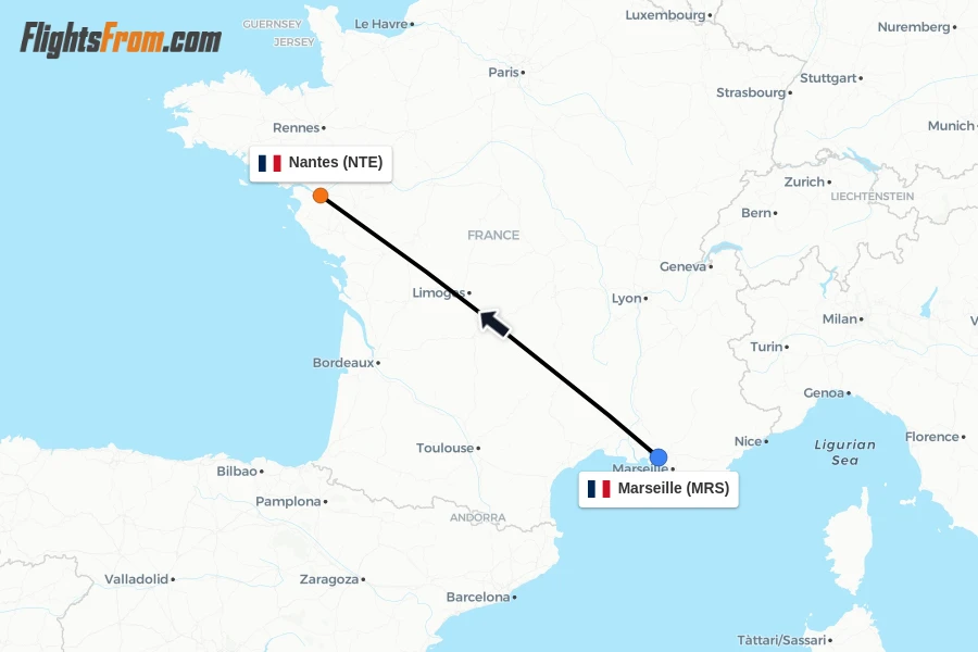Flights from Marseille to Nantes route map