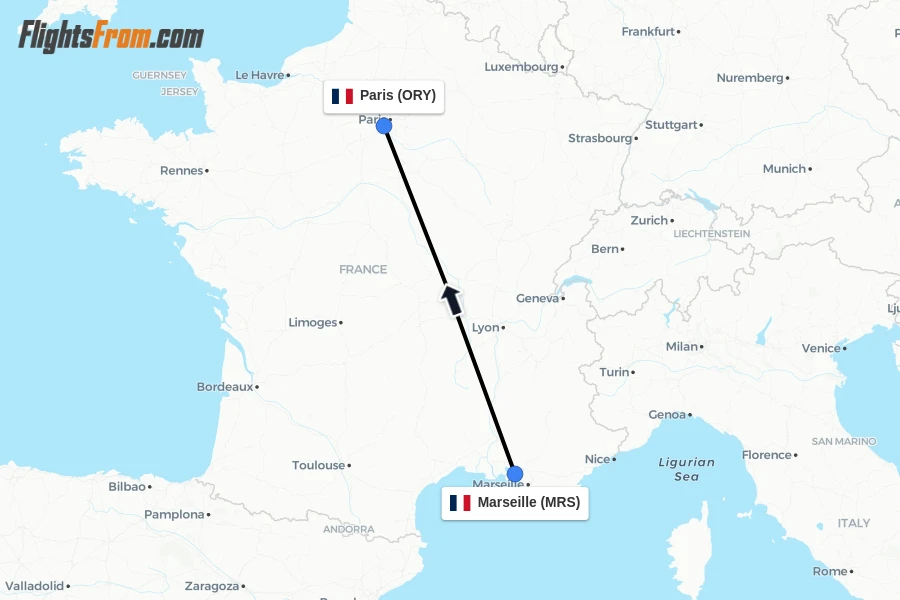 Flights from Marseille to Paris route map