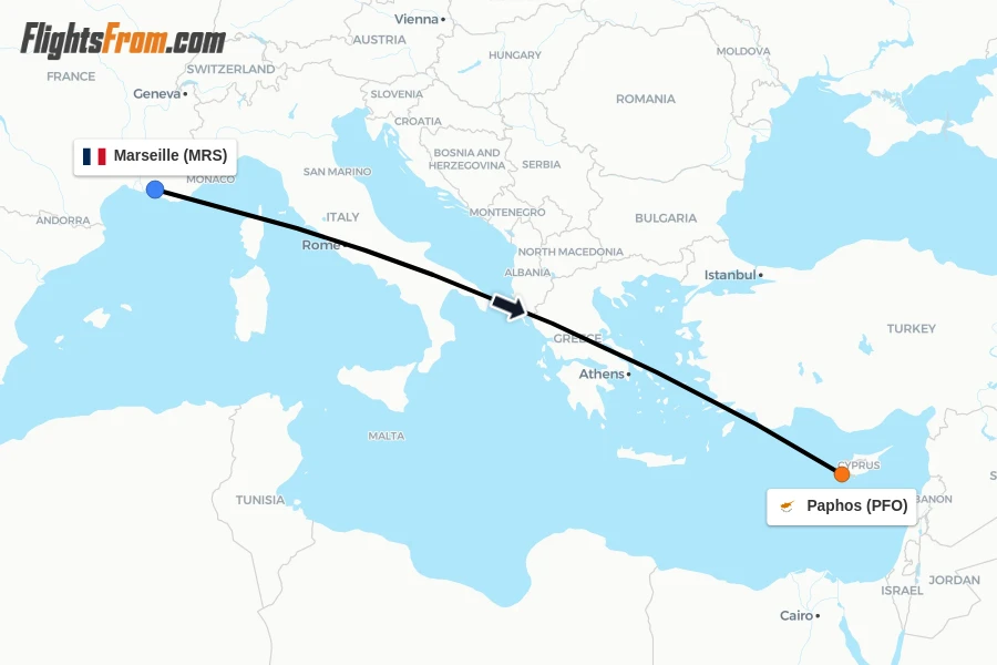 Flights from Marseille to Paphos route map