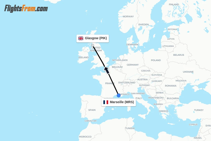 Flights from Marseille to Glasgow route map