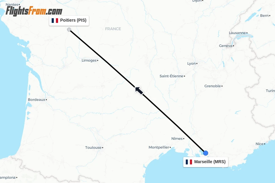 Flights from Marseille to Poitiers route map