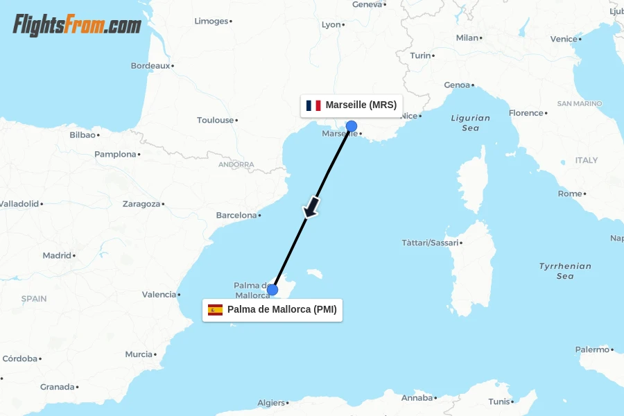 Flights from Marseille to Palma de Mallorca route map