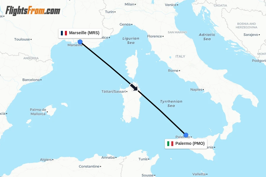 Flights from Marseille to Palermo route map
