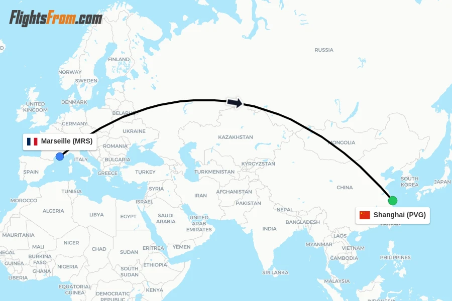 Flights from Marseille to Shanghai route map