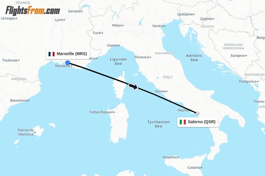 Flights from Marseille to Salerno route map