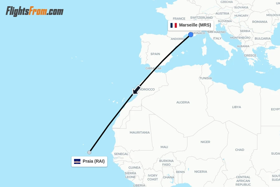 Flights from Marseille to Praia route map