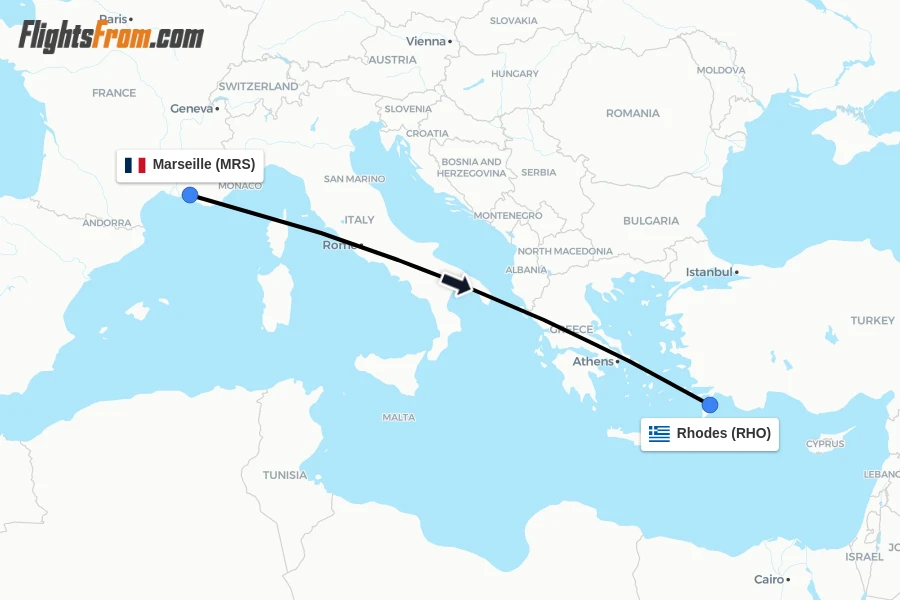 Flights from Marseille to Rhodes route map