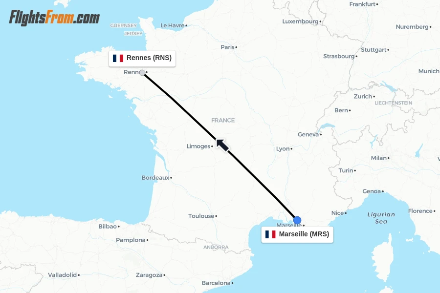 Flights from Marseille to Rennes route map