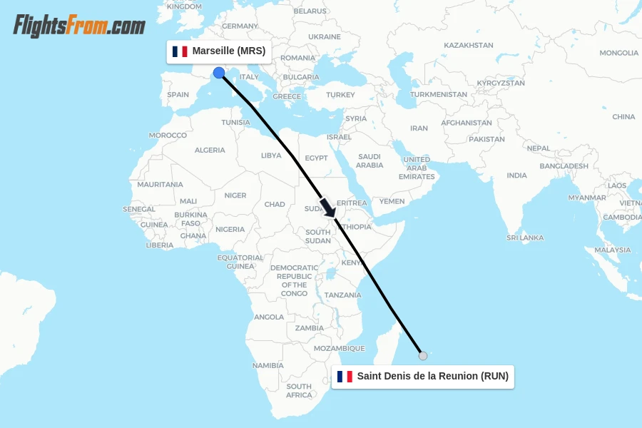 Flights from Marseille to Saint Denis de la Reunion route map