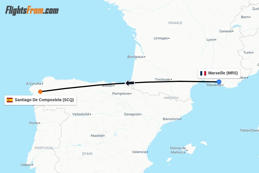 Flights from Marseille to Santiago De Compostela route map