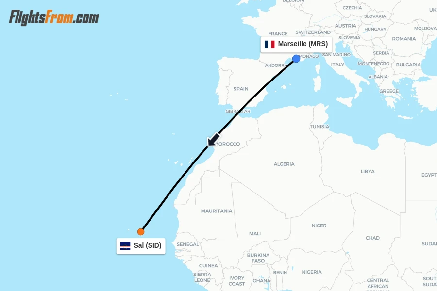 Flights from Marseille to Sal route map