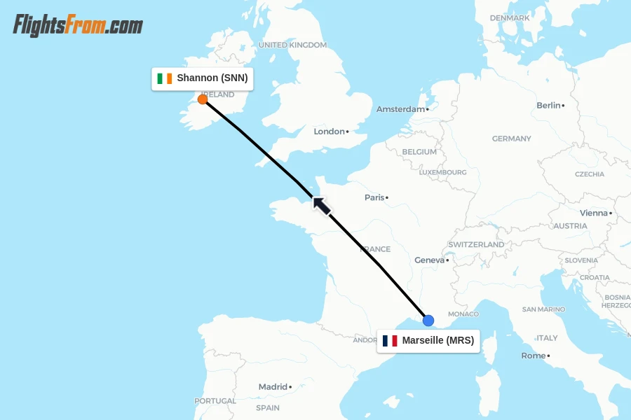 Flights from Marseille to Shannon route map