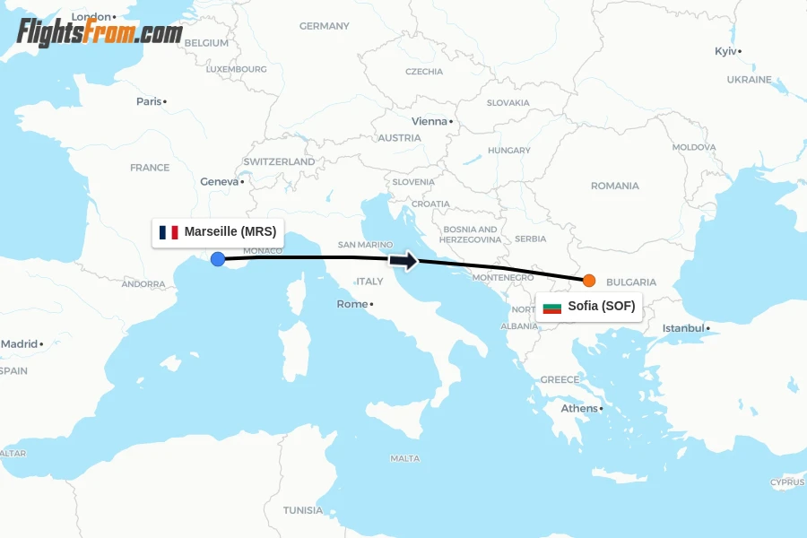 Flights from Marseille to Sofia route map