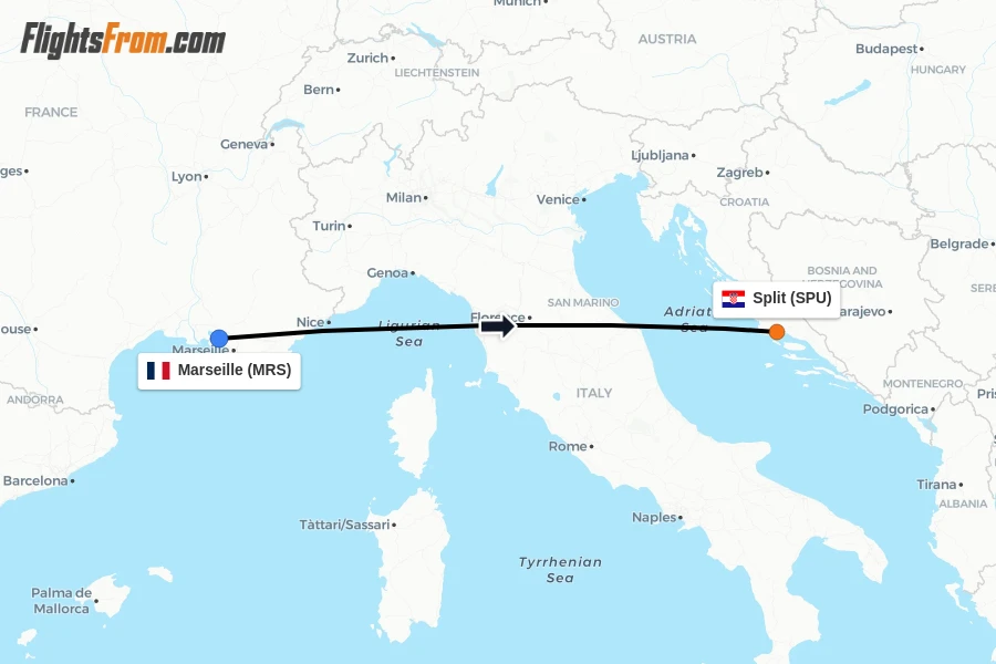 Flights from Marseille to Split route map