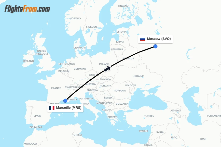 Flights from Marseille to Moscow route map