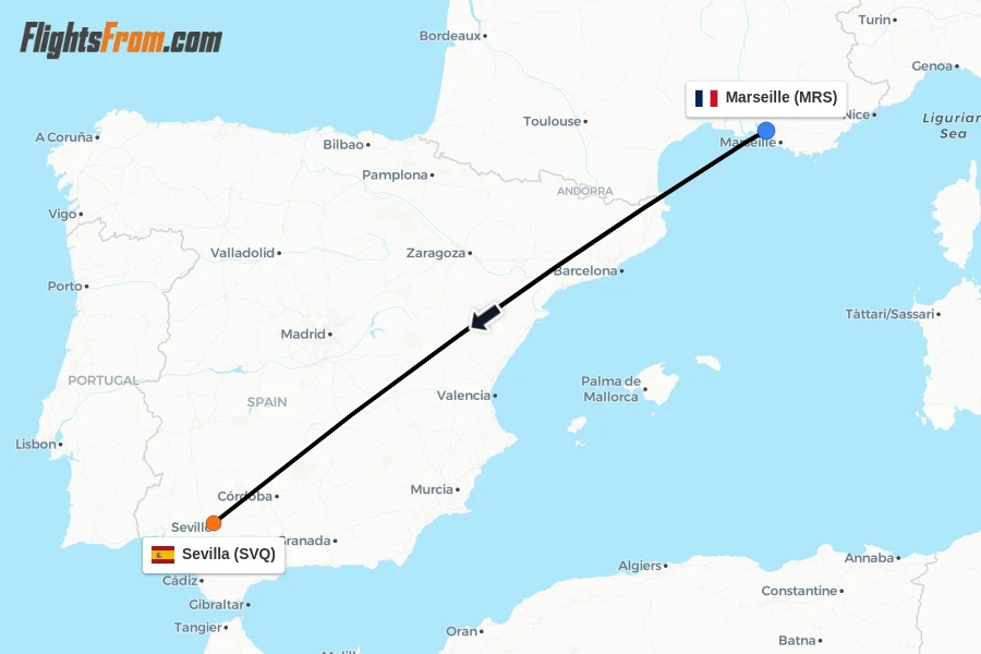 Flights from Marseille to Sevilla route map