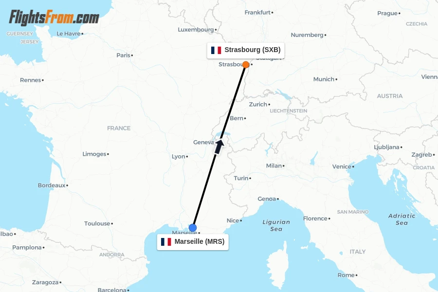 Flights from Marseille to Strasbourg route map