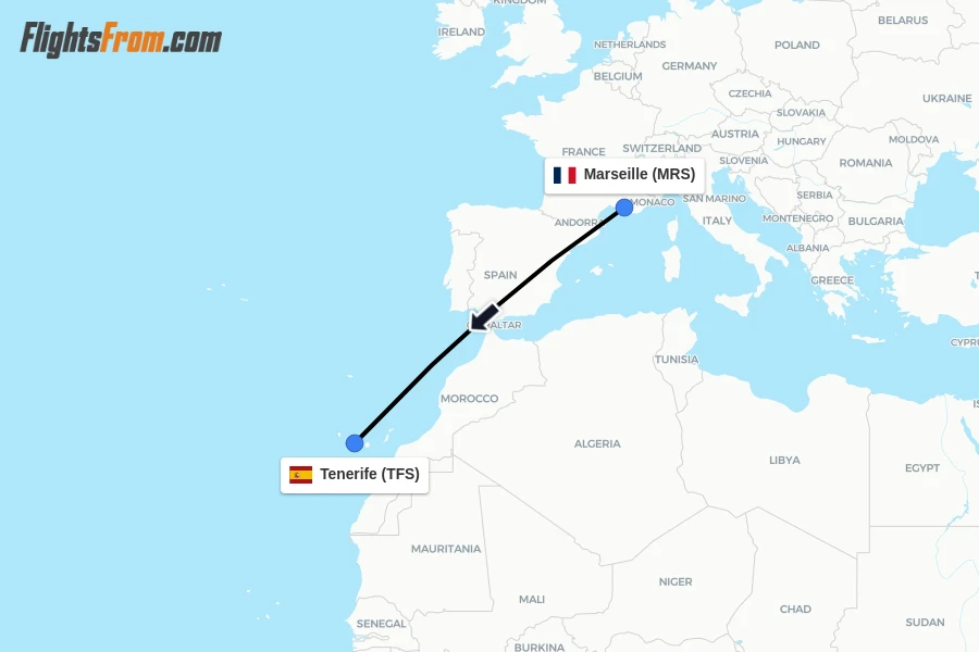 Flights from Marseille to Tenerife route map