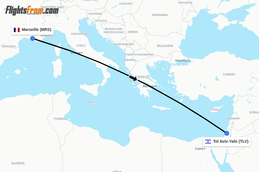 Flights from Marseille to Tel Aviv-Yafo route map